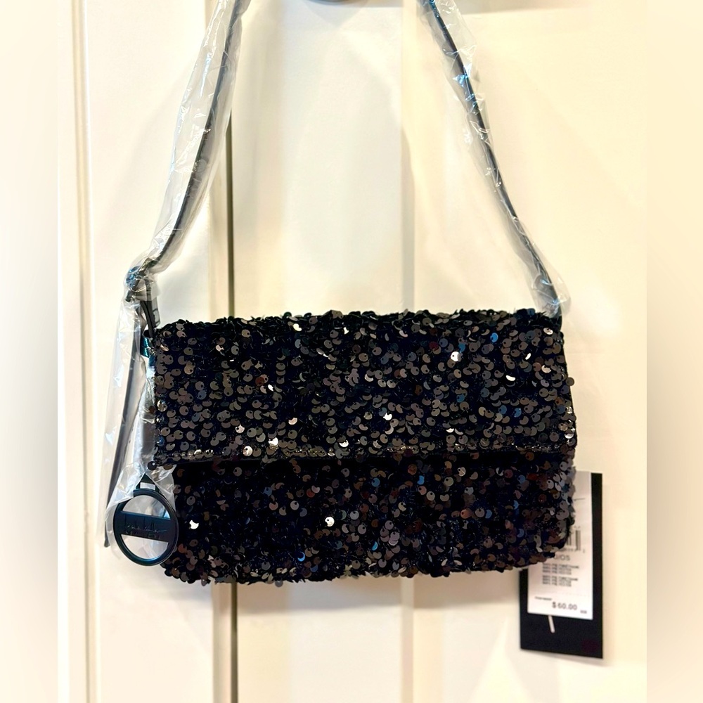 Nicole Miller Sequined Shoulder Bag - NWT - Adjustable Strap - Black - Clutch - Picture 1 of 13